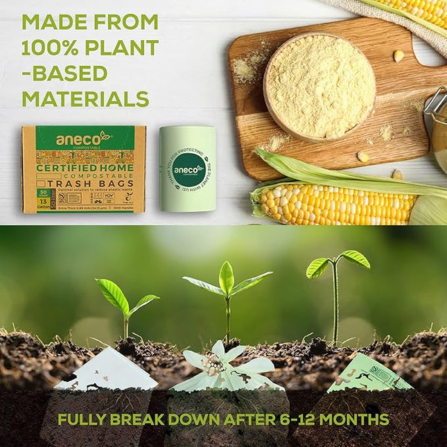 ANECO Compostable Food Waste Bags 13 Gallon, 50 Count, Extra Thick Kitchen Compost Bags With Handles, Large Compostable Bags for Tall Kitchen Bin
