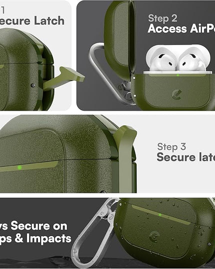 Keybudz for AirPods 4 Case with Lock - Fully Waterproof AirPods 4th Generation Case Cover - Keychain, Rugged Tough Protection, Hard Shell and Carabiner (Forest Green)