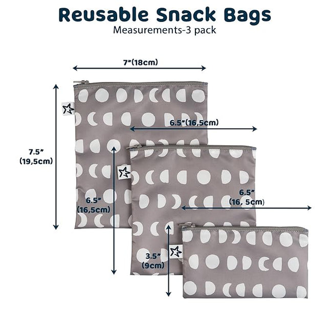 Tiny Twinkle Reusable Snack Bags for Kids – 3 Pack Snack Pouches & Sandwich Bag for Toddlers – Machine Washable, Mess-Proof for Lunch & Travel (Luna)