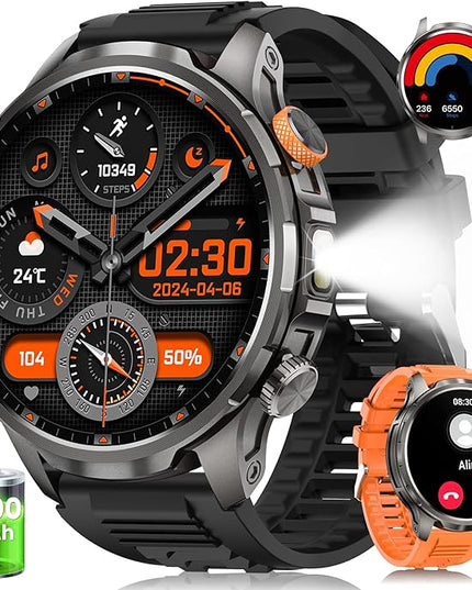 Military Smart Watches for Men, Smart Watch with 100 Days Battery/Flashlight/Heart Rate/Sleep/SpO2 Monitor/Calling/110+ Sports Mode, 5 ATM Rugged Men's Fitness Tracker Watch for Android iPhone(Black)