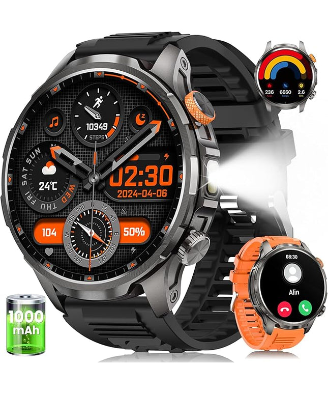 Military Smart Watches for Men, Smart Watch with 100 Days Battery/Flashlight/Heart Rate/Sleep/SpO2 Monitor/Calling/110+ Sports Mode, 5 ATM Rugged Men's Fitness Tracker Watch for Android iPhone(Black)