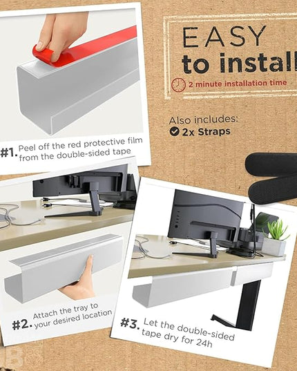 No-Screw Under Desk Cable Management Tray - Self-Adhesive Installation, Cord Management, Cable Tray, Under Desk Wire Organizer - White Single Tray