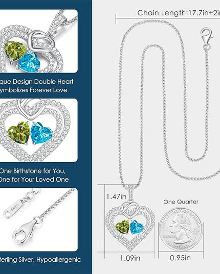 LOUISA SECRET Sparkling Double Heart Birthstone Necklaces for Women, 925 Sterling Silver Fine Jewelry, Pendant Heart Necklaces Birthday Anniversary Christmas Gift for Women Wife Mom Girlfriend Lady
