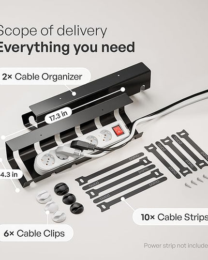 PAMO Cable Management Under Desk for Easy mounting Under-Table I Set of 2 - with 10X Cable Ties I Desk Organizer for Office/Home Office Table Thoughtful Cable Tray Holder
