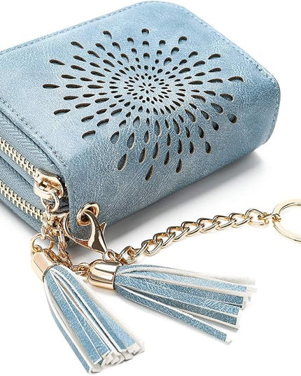 APHISON RFID Credit Card Holder Zipper Card Case Keychain Small Wallet for Women 1942-2 BLUE