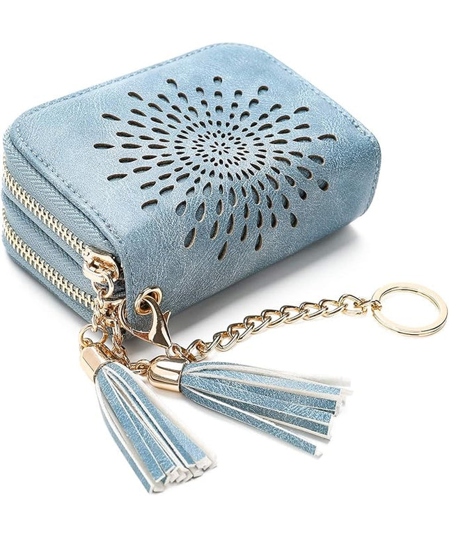 APHISON RFID Credit Card Holder Zipper Card Case Keychain Small Wallet for Women 1942-2 BLUE