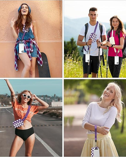 Clip and Go Strap for Phone with Wallet Crossbody, Adjustable Phone Lanyard with Detachable RFID Wristlet Wallet, Phone Strap with Phone Tabs for All Phones, Purple Checkered (M)