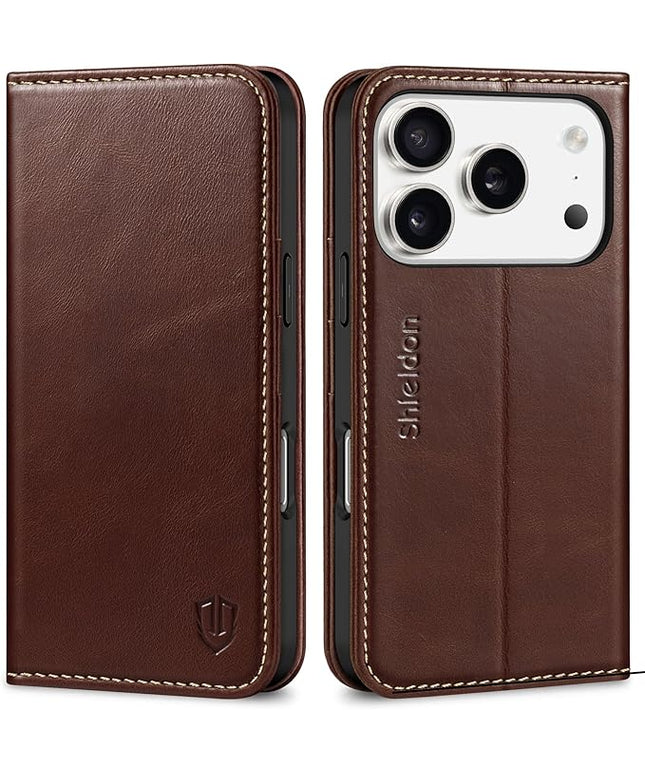 SHIELDON Case Wallet for iPhone 17 Pro 6.3-inch | Genuine Leather | Foldable Design | Magnetic Closure | RFID Blocking Card Holder | Kickstand | Drop Protection Phone Cover | Retro Coffee