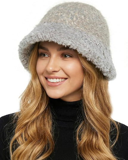 YI HENG MEI Women Knit Bucket Hat, Fluffy Winter Fisherman Hat Fuzzy Soft Warm Beanie Caps Women Cloche Caps Warm Bowler Hats