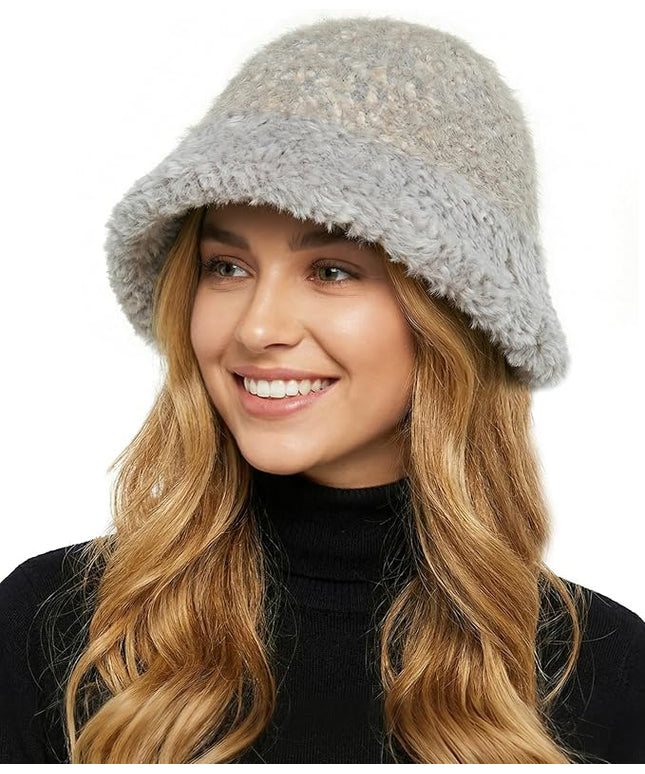 YI HENG MEI Women Knit Bucket Hat, Fluffy Winter Fisherman Hat Fuzzy Soft Warm Beanie Caps Women Cloche Caps Warm Bowler Hats