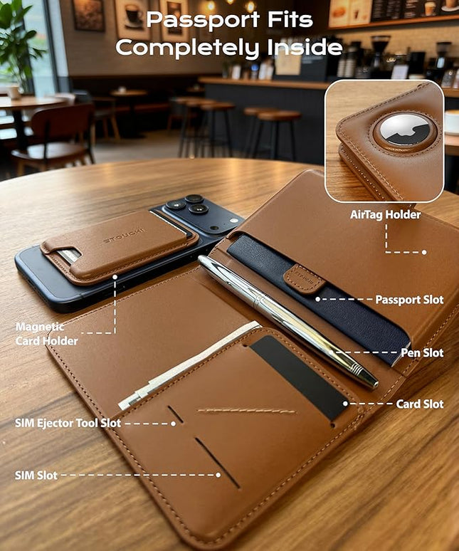 Stouchi AirTag Passport Holder with Detachable Magnetic Card Case, Passport Holder for Travel, RFID-blocking, 1-Second Pull Strap & One-Hand Access, Premium Vegan Leather Travel Document Organizer