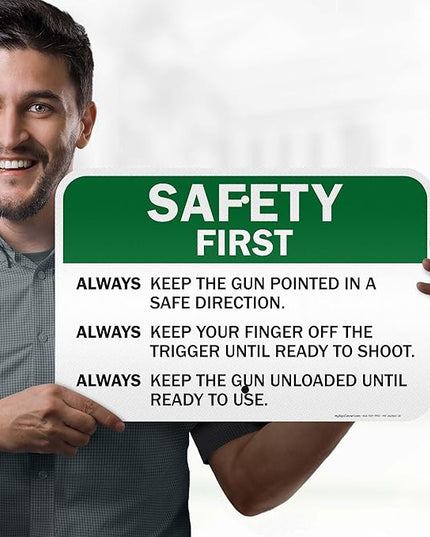 Safety First Always Keep The Gun Pointed In A Safe Direction Sign, 12x18 Inches, 3M EGP Reflective .063 Aluminum, Fade Resistant, Made in USA by My Sign Center