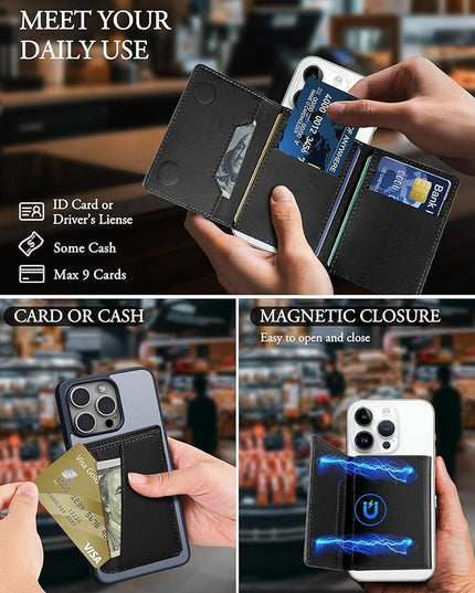 TopMade for MagSafe Wallet, Strongest Magnetic Card Holder for iPhone 17/16/15/14/13/12 Series, Minimalist Leather Trifold Magnetic Wallet for Phone Case, 9 Cards Holder, RFID Blocking, Black