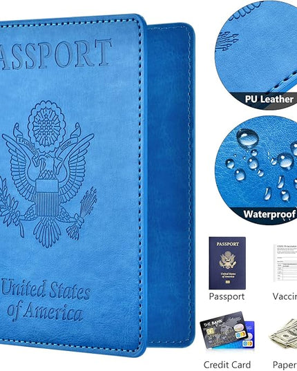 Eoehro Unisex-Adult Passport and Vaccine Card Holder Combo, Sky Blue, Faux Leather, RFID Protected