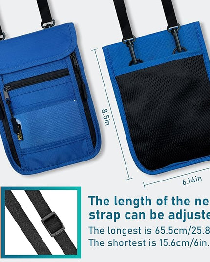 sundee Travel Neck Wallet with Double Zippers, RFID Blocking Passport Holder with Adjustable Neck Strap for Men and Women to Keep Cash, Credit Cards and Travel Documents Safe - Dark Blue
