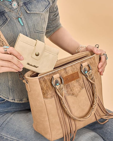 Montana West Small Womens Wallet Western Embossed Floral Women's Wallets Trifold RFID Wallet Women Ladies Female Compact Wallet Travel Clutch Wallett Apricot with ID Window