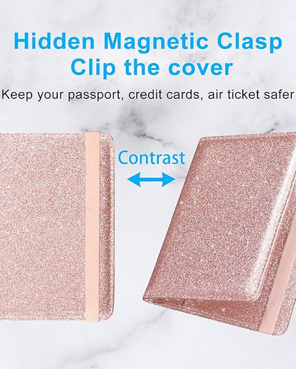 ACdream Passport Holder Cover, Leather Travel Wallet Case, RFID Blocking Document Organizer Protecrtor, with Slots for Credit Cards, Boarding Pass, for Women and Men, Glitter Rose Gold
