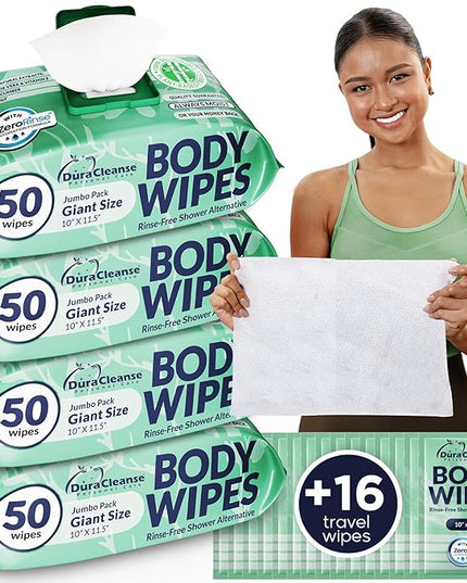 Body Wipes for Women, Extra Moist No Rinse Bathing Sheets 4pk, 200 XL Shower Cloths + 16 Deodorizing Bath Wipes -10 x 11.5" Travel Size Essentials,Toiletries for Womens Hygiene & Post Workout Cleanup