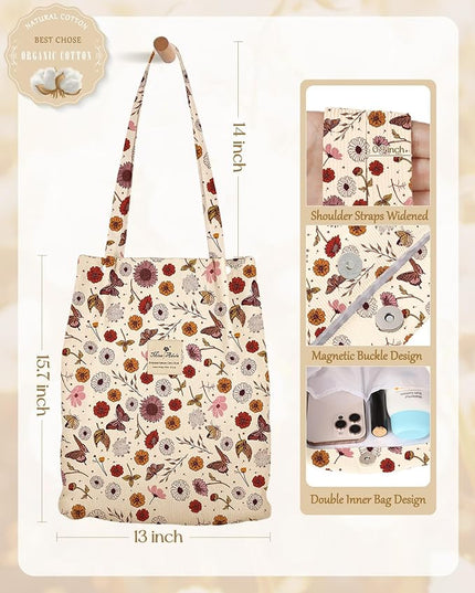 Aesthetic 2 Pack Corduroy Tote Bag - with Makeup Pouch Bag for Women Reusable Grocery Bag for Gym, Travel, Work