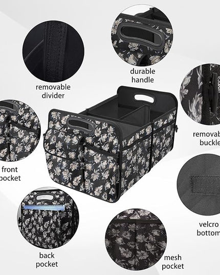 Trunk Organizer, Collapsible Trunk Organizers and Storage, Car Accessories for Women and Men, Multi-Compartment Trunk Storage Organizer for SUV, Car, Mini-Van - Floral