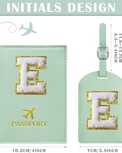 COSHAYSOO Green Passport Cover and Luggage Tag Set TSA Approved with Her Initial Chenille Letter Patch for Big Little Girls Sister Daughter, Hawaii Travel Bag Backpack Suitcase Identifier (E)