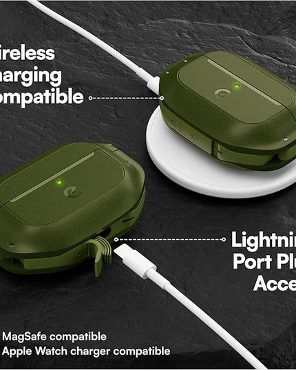 Keybudz for AirPods Pro 2 Case with Lock - Fully Waterproof AirPods Pro 2nd Generation Case Cover - Keychain, Rugged Tough Protection, Hard Shell and Carabiner for USB-C/Lightning (Forest Green)
