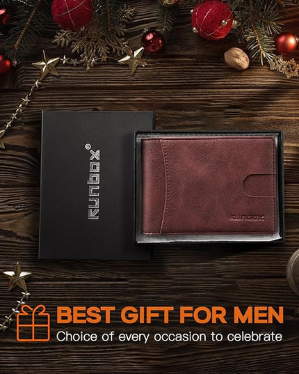 RUNBOX Slim Wallet for Men Genuine Leather RFID Blocking Bifold Minimalist Front Pocket Mens Wallet with Money Clip Thin Gift Box