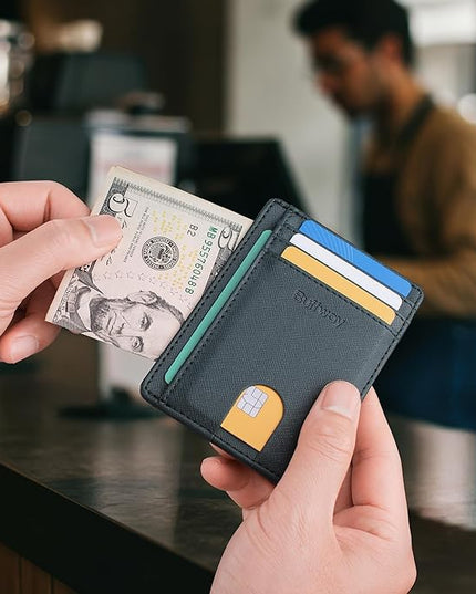 Buffway Slim Minimalist Front Pocket RFID Blocking Leather Wallets for Men and Women - Cross Blackish Green