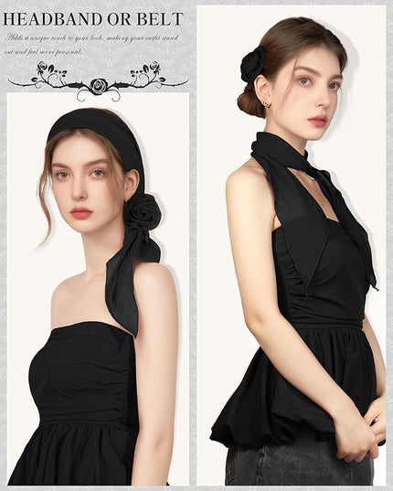 Chiffon Scarf for Women, Removable Flower Neck Scarf Light Soft Fashion Rose Scarves Versatile Headband or Hair Band