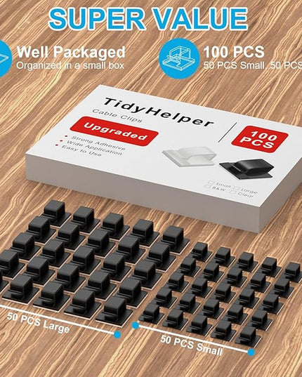 100 PCS Adhesive Cable Clips Black (Small & Large), Upgraded Wire Holder for Wall Cord Organizer Cable Management Under Desk, Outdoor Light Clips Hooks for LED, Car Dash Cam, HDMI, Extension Cord