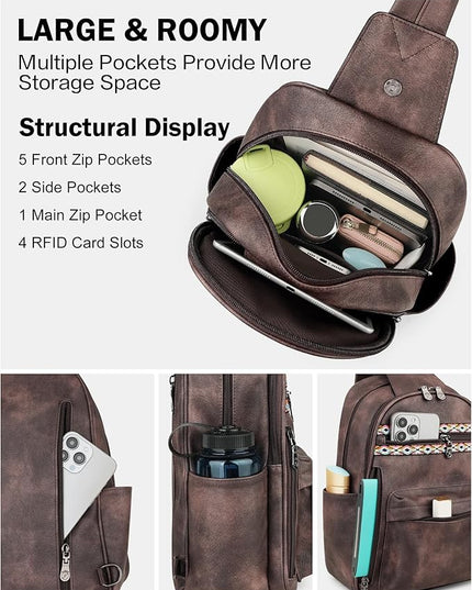 FADEON Large Sling Bag for Women, Leather Crossbody Purse Designer Anti Theft Sling Backpack, RFID Fanny Packs for Travel