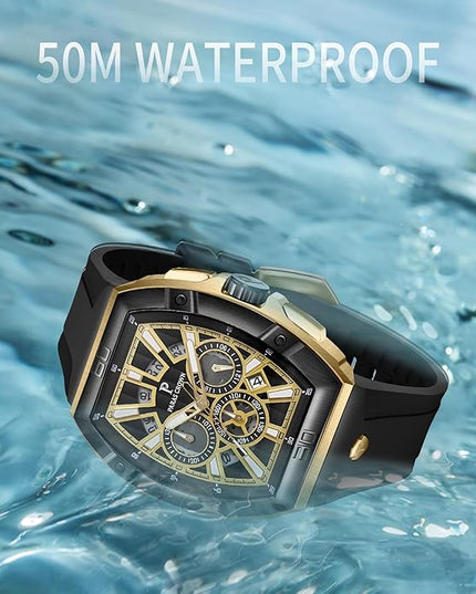 Paras Crown Watches for Men Tonneau 5ATM Waterproof Quartz Luxury Chronograph Analog Men's Wrist Watches Stainless Steel Case Mens Watches