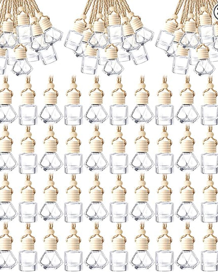 BBTO 200 Pcs Hanging Car Diffuser Bottle Bulk Empty Clear Glass Perfume Bottles Air Freshener Pendant for Essential Oils Fragrance Aromatherapy Car Interior (Diamond, Cylinder)