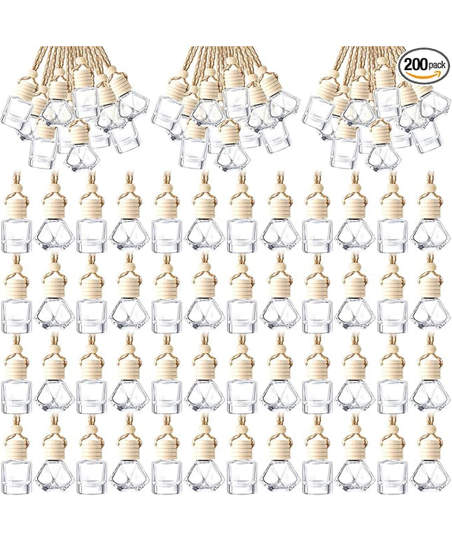 BBTO 200 Pcs Hanging Car Diffuser Bottle Bulk Empty Clear Glass Perfume Bottles Air Freshener Pendant for Essential Oils Fragrance Aromatherapy Car Interior (Diamond, Cylinder)