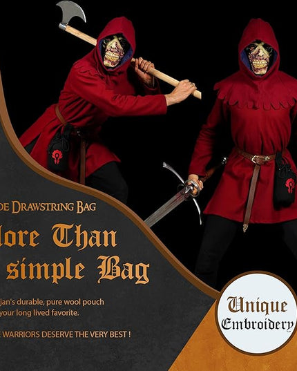 Mythrojan Medieval Woolen Belt Pouch Warcraft For the Horde Drawstring Portable Pouch Embroidered Coin Purse Costume Waist Bag for Cosplay, LARP - Black