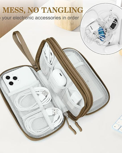 FYY Electronic Organizer, Travel Cable Organizer Bag Pouch Electronic Accessories Carry Case Portable Waterproof Double Layers All-in-One Storage Bag for Cable, Cord, Charger, Phone, Earphone Brown