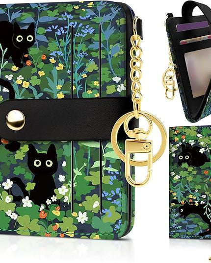 Sodsay Small Slim Wallet Women RFID Blocking, PU Leather Bifold Ladies Wallet with Zipper Coin Pocket, Thin Cute Travel Card Wallets for Girls, Black Cat Whisker