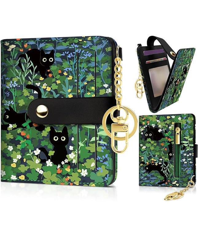 Sodsay Small Slim Wallet Women RFID Blocking, PU Leather Bifold Ladies Wallet with Zipper Coin Pocket, Thin Cute Travel Card Wallets for Girls, Black Cat Whisker