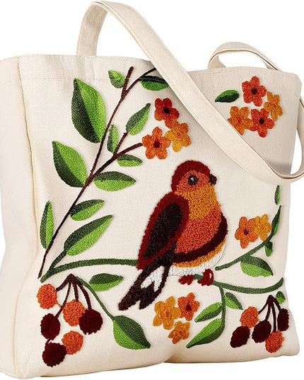 Aesthetic Embroidery Tote Bag for Women - Reusable Canvas Cute Shoulder Bag for Shopping, Grocery, Work, Book