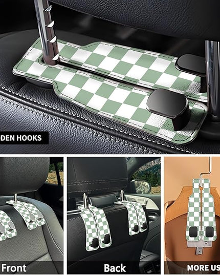 Car Seat Headrest Hook, Universal Leather Cute Hanger Holder Hook, Storage Organizer Interior Accessories for Purse Bags Handbag Green Plaid
