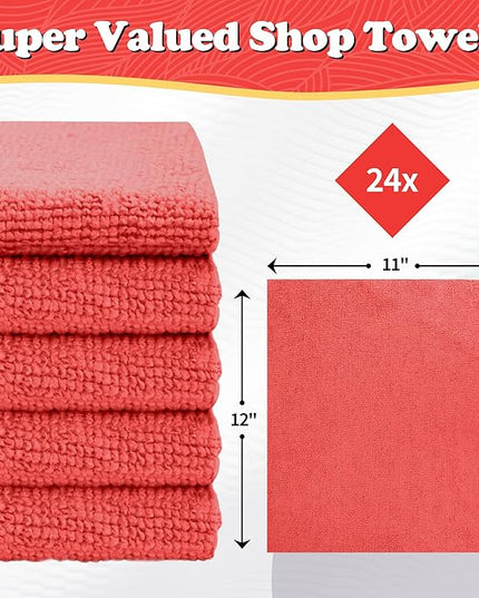 FIXSMITH Microfiber Cleaning Cloth, Shop Towels Bulk, 24 Pack Red Microfiber Towels for Cars, All-Purpose Absorbent Cleaning Rags, Dust Cloth for Automotive, Mechanic, Garage, Bar, 12 x 11 inch