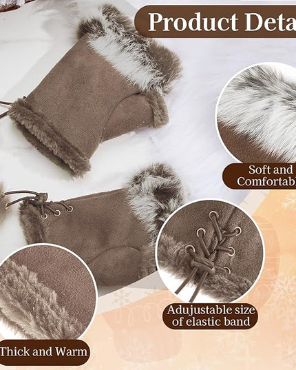 SATINIOR Women Fur Fingerless Gloves Winter Rabbit Fur Lined Half Finger Mittens for Women Girls Teen Working Writing