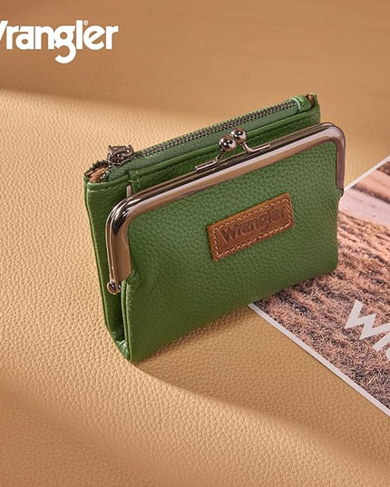 Montana West Wrangler Women's Wallet RFID Blocking Wallets Small Bifold Credit Card Holder with Kiss Clasp Green