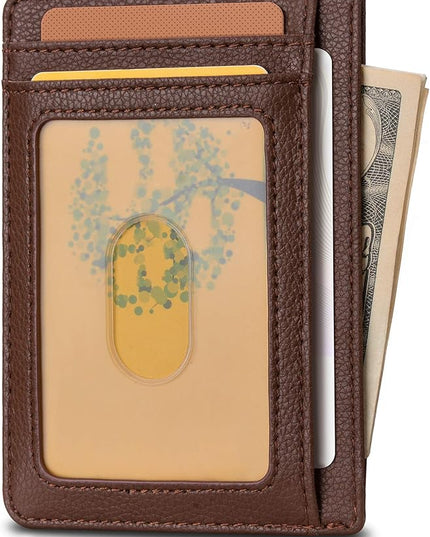 Buffway Slim Minimalist Front Pocket RFID Blocking Leather Wallets for Men and Women - Lichee Coffee