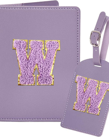 ULICO Initial Passport Cover and Luggage Tag Set,PU Leather Letter Passport Case Holder Travel Suitcase Tag, Personalized Travel Luggage Accessories Gifts for Women Kids Teenage Purple W