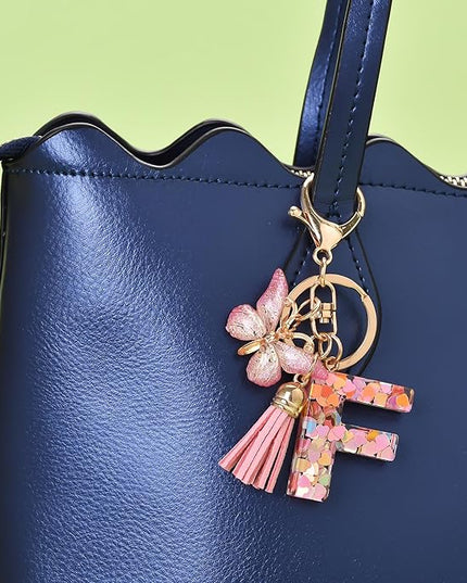 Fashion Alphabet Initial Letter Keychain Tassel Butterfly Pendant Key Ring for Purse Handbags Women Girl