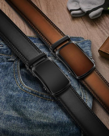 KEMISANT Men Belt 2 Pack, Leather Ratchet Belt Easy Click Slide For Men 1 3/8",Cut for Fit