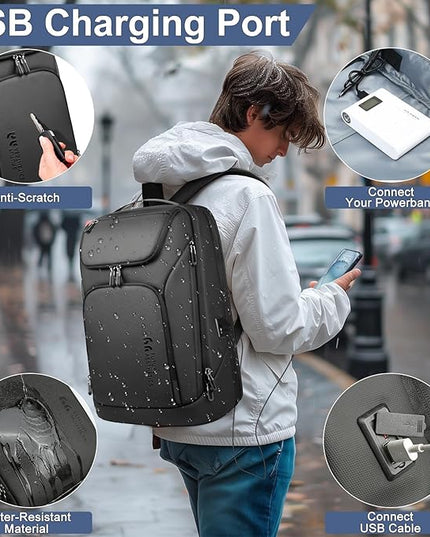 hk Business Smart Backpack for Men Anti-Theft for 17.3 Inch Laptop with USB Charging Port Water-Resistant Large Durable Compact 30L for Travel College Work-Black