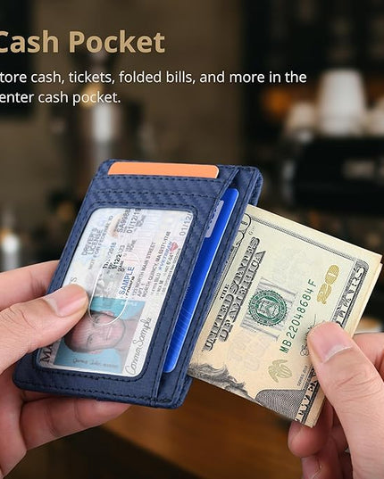 Buffway Slim Minimalist Front Pocket RFID Blocking Leather Wallets for Men and Women - Carbon Fiber Blue