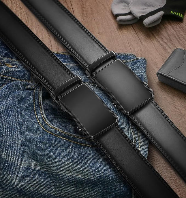 KEMISANT Men Belt 2 Pack, Leather Ratchet Belt Easy Click Slide For Men 1 3/8",Cut for Fit